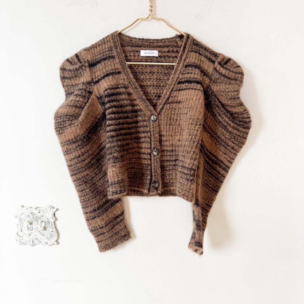 Naadam Camel Brown Black Spaced Dyed Pleated Shoulder Alpaca Cardigan Sweater XS